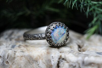 Opal Ring * Solid Sterling Silver Ring* Floral Band * Full Moon * 10mm Monarch Opal *  Any Size - image5